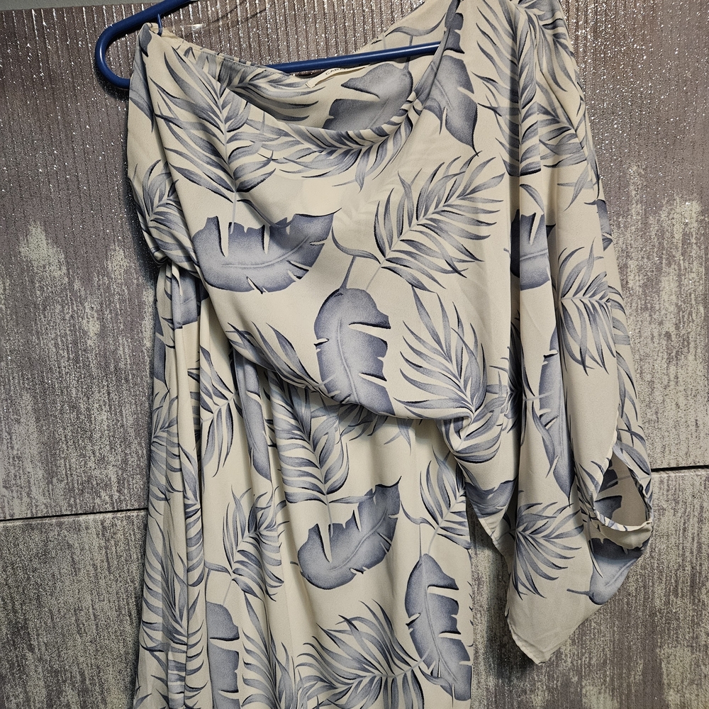 One Shoulder Leaf Print Dress - Blue and White